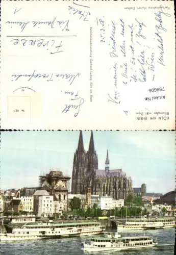 759606 Köln am Rhein Rheinufer mit Dom Dampfer Schiffe 1958