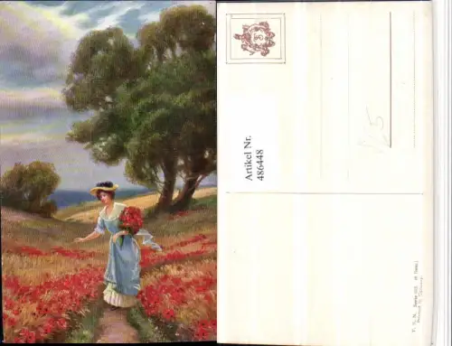486448,Theo Stroefer 912 Künstlerkarte Landschaft Frau Kleid Mohnblumen