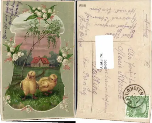 84070,Präge Litho Ostern Küken Maiglöckchen