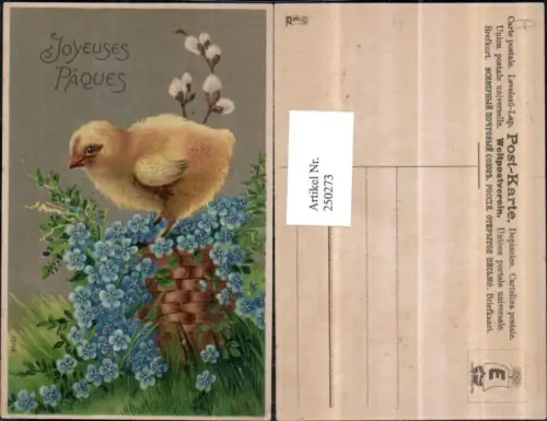 250273,Präge Litho AK Ostern Küken Flechtkorb Leberblümchen Blumen Palmkätzchen