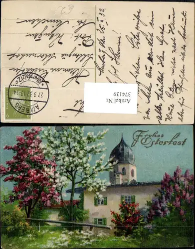 374139,Ostern Haus Kirche Baumblüte Landschaft Goldschrift