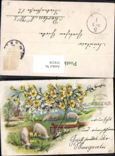 374158,Ostern Schafe Schlüsselblumen Landschaft