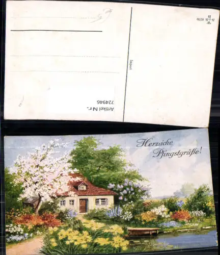 724946 Pfingsten Haus mit Garten Teich Blumen