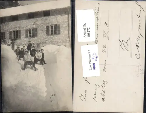 408272,Foto Ak Frauen Männer b. Rodeln Schlittenfahren Brünnstein 1910 Rodel Schlitten Wintersport