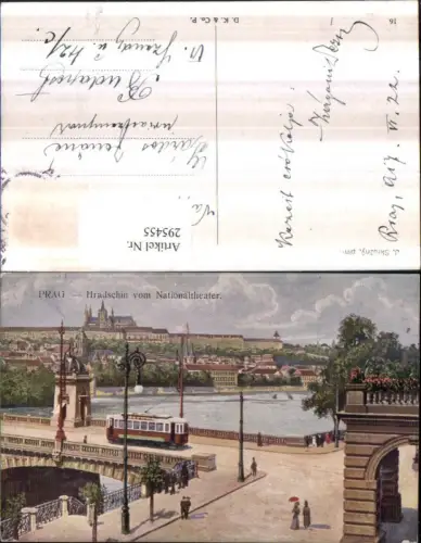 295455,Künstler AK J. Skruzny Prag Praha Hradschin vom Nationaltheater Brücke Straßenansicht