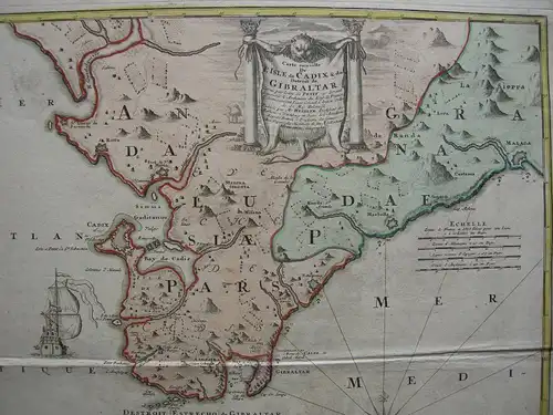 Cádiz Gibraltar España kolor Orig Kupferstichkarte Mapa 1740 Spanien
