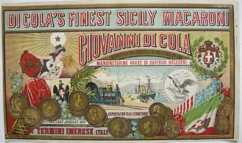 Plakat Di Cola's finest Sicily Macaroni Chromolithografie 1880 Palermo Pasta