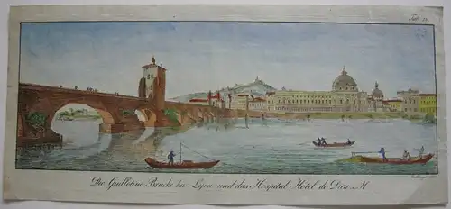 Pont Guillotine Hotel de Dieu Lyon France Frankreich kolor Orig Kupferstich 1800