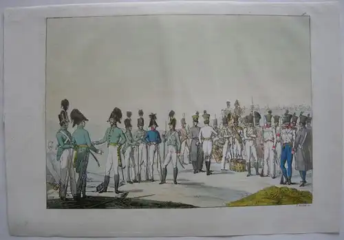 Preußische Infanterie kolor Orig Aquatinta-Radierung 1825 G. Bramatti Militär