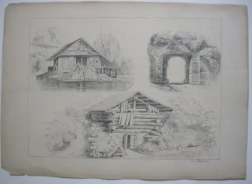 G. v. Tattenbach Murgthal Schloss Baden Geroldsau 3 Bleistiftzeichnungen 1874