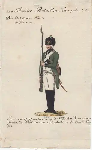 Uniformen Preußen Füselier Bataillon Kümpel Kolor Orig Kupferstich 1790