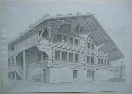 Holzarchitektur Caspar Schild Meiringen Schweiz Stahlstich Gladbach 1890