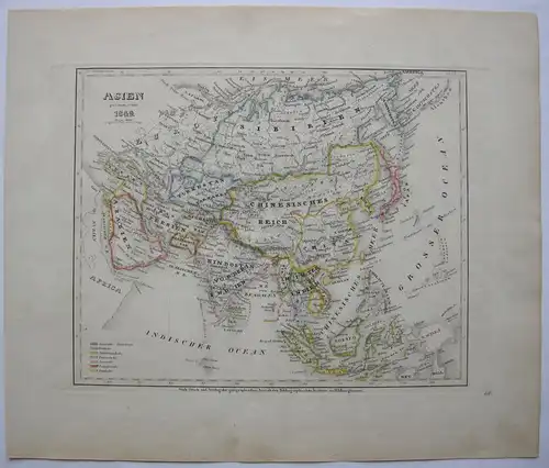 Erdteilkarte Asien kolorierter Stahlstich 1849 Bibliographisches Institut