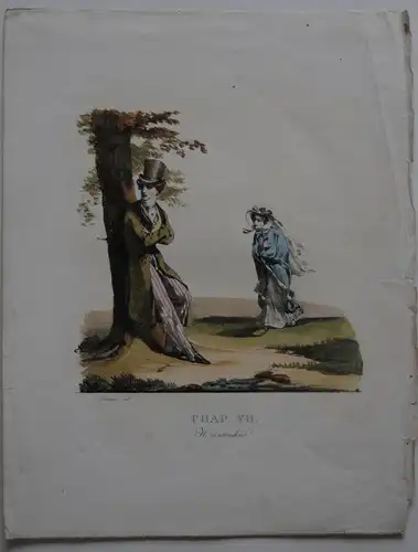 Emile Wattier "Il m'attendait!" Farblithographie 1850 Liebe im Biedermeier