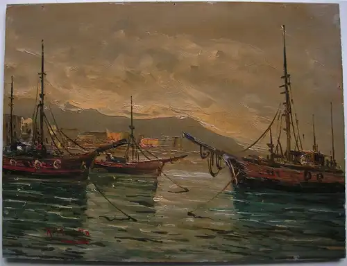 Schiffe im Hafen Italien Italia Öl auf Platte signiert R. Maretta um 1900