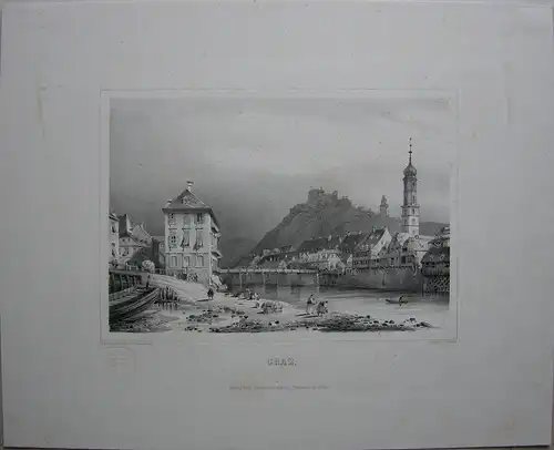 Graz Murbrücke Schlossberg Franziskanerkirche Orig Lithografie Sandmann 1840