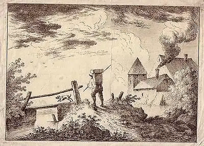 Wanderer mit Hund Steg überquerend Mühle Landschaft Kupferstich um 1800