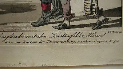 Karikatur Wien Schottenfelder Hosen kolor Orig Aquatinta-Radierung 1850