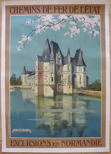 Plakat affiche Chemins de fer chaterau d'o Normandie Lithografie entoilé 1910