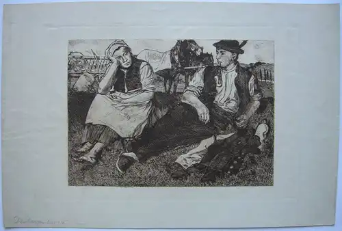 Joseph Damberger Orig Radierung Bauernpaar Rast Feldarbeit 1899