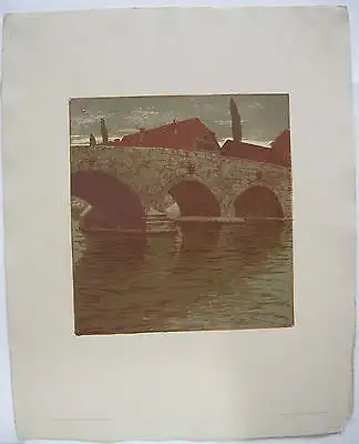 Gustav Bamberger (1860-1936Haus an der Brücke Orig. Lithographie 1910 Jugendstil