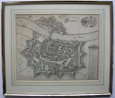 Frankfurt Main Vogelschau-Ansicht Orig Kupferstich M. Merian 1650 Hessen Rahmen 0