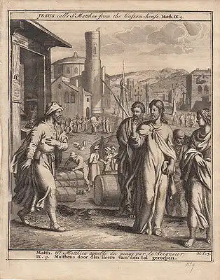 Jesus ruft Matthäus aus dem Zollhaus Bibel Orig Kupferstich 1710