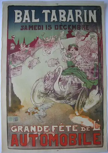 Plakat affiche Bal Tabarin Lithografie Smiley entoilé 1905 Fete de l'Automobile