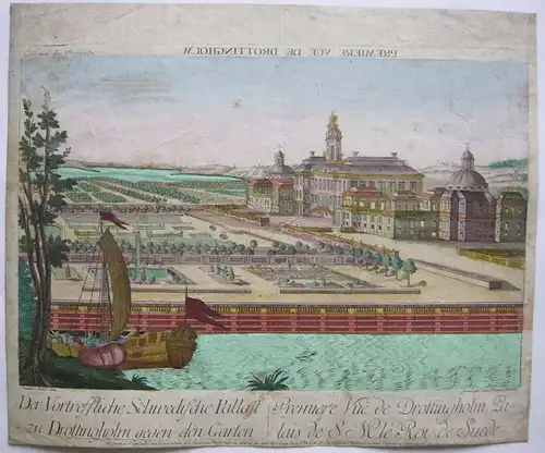 Vue d’optique Drottingholm Schweden Akademie 1750 kolor Orig Kupferstich