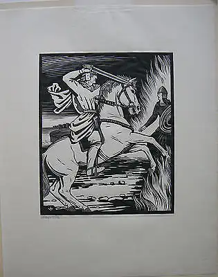Josef Weisz (1894-1969) Siegfried zu Pferd Nibelungen Orig Holzschnitt signiert