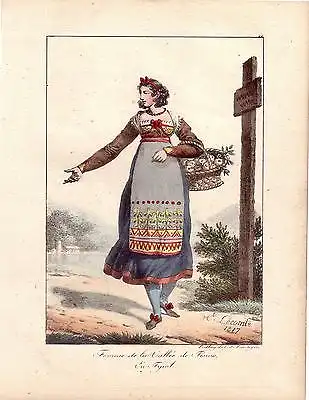 H Lecomte Tracht Bäuerin Tesinotal Südtirol  Farblithografie 1817 Inkunabel