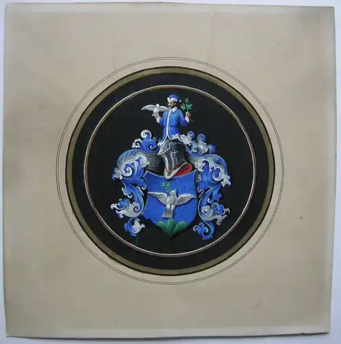 Adelswappen Friedenstaube auf blauem Grund Orig. Gouache ca. 1900
