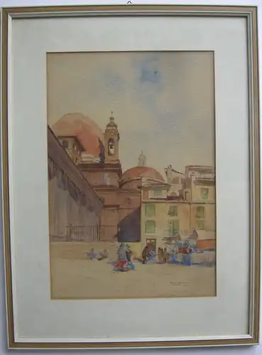 Paul Gedon (XIX-XX) Venedig Marktstand vor Kirche Orig Aquarell signiert gerahmt