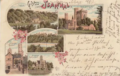 Isartal Burg Schwaneck Grünwald Burghof Ebenhausen Oberbayern Litho gel 1899