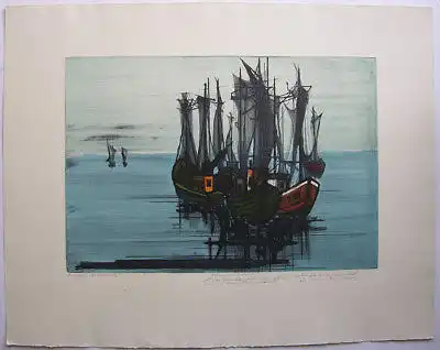 Hans Behrens (1934) Fischerboote Orig Farbradierung 1959 signiert Widmg Probedr
