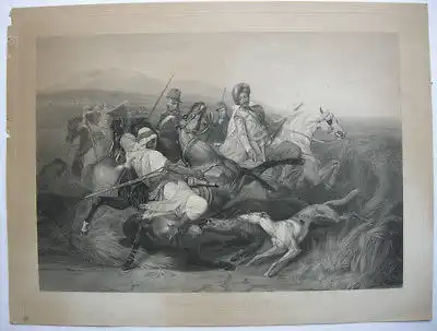 Chasse aux Sangliers Sahara Wildschweinjagd Orig Radierung 1861 Gautier Vernet