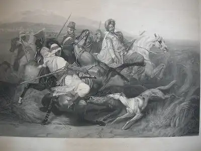 Chasse aux Sangliers Sahara Wildschweinjagd Orig Radierung 1861 Gautier Vernet