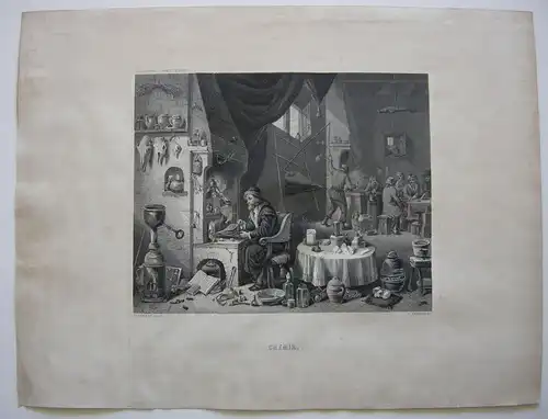 Chemie Chemiker Labor Orig Stahlstich French nach Teniers 1850