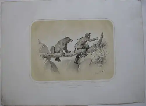 Jäger u Bär Jagd-Abenteuer kolor Orig Lithografie Tony Strassgschwandtner 1860