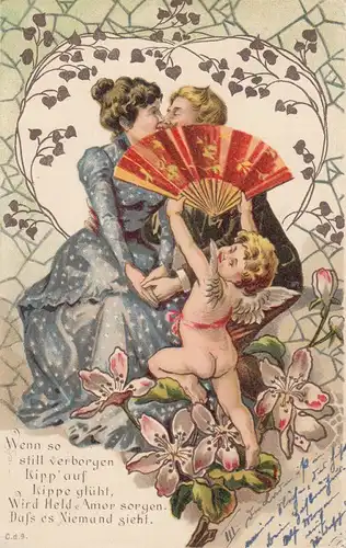 AK Liebespaar Amor mit Fächer florales herz Litho ungel ca. 1910