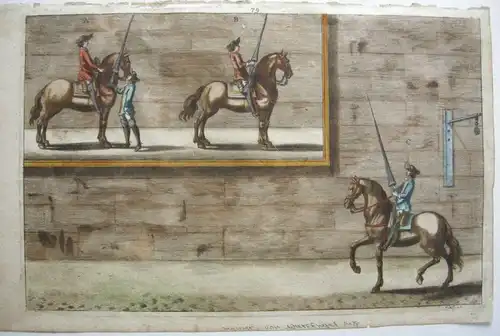 Nicolas Schurtz Reiterspiel Reitlehre kolor Kupferstich 1678 Ritterspiele