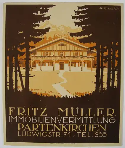 Werbeplakat Fritz Müller Immobilien Partenkirchen F. Uhlich Chromolithogr 1935