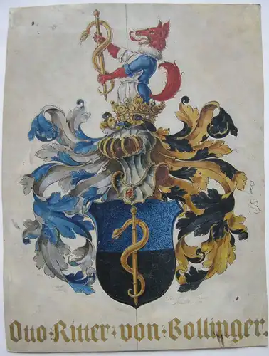 Wappen Otto Ritter von Bollinger (1843-1909) Anatom Pathologe Orig Gouache 1904