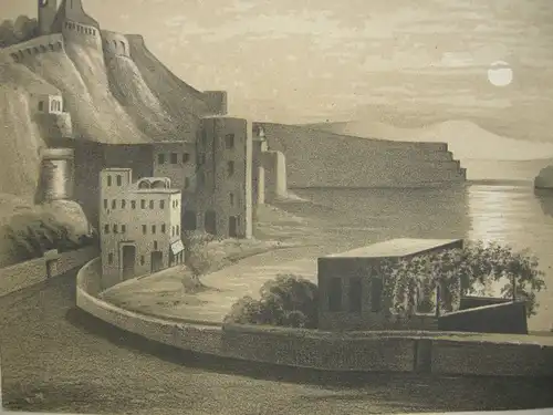 Bei Neapel Bucht Vesuv im Mondschein Italien Italia Orig Lithografie 1850 Napoli