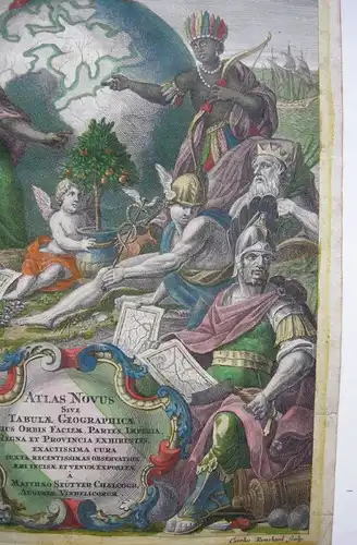 Seutter Titelblatt Atlas novus altkolor Kupferstich 1740 Erdteil-Allegorien