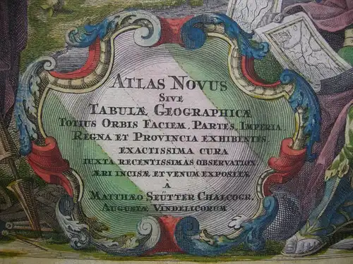 Seutter Titelblatt Atlas novus altkolor Kupferstich 1740 Erdteil-Allegorien