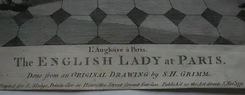 Karikatur The English Lady at Paris kolor. Orig Kupferstich 1771 S. H. Grimm