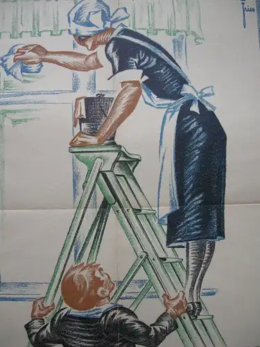 Plakat Unfallverhütung im Haushalt Orig Farblithografie 1930 Entwurf Fries