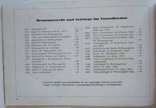Opel 4 PS Teile-Katalog Ersatzteile Rüsselsheim 1929 Automobil 56 Seiten