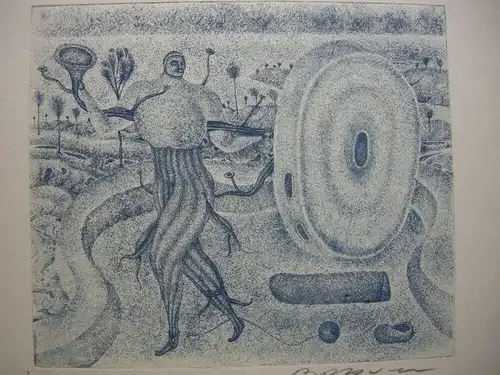 Arik Brauer (1929) Steinerne Trompete Steinorgel Orig. Radierung signiert 1968